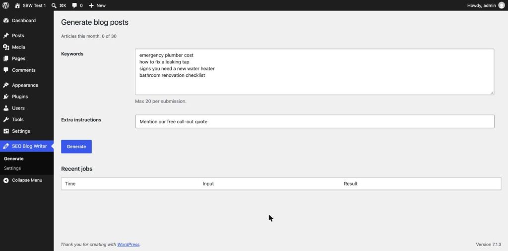 SEO Blog Writer Generate page with four target keywords and an extra instruction entered