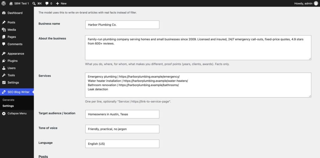 SEO Blog Writer Settings: business name, description, services with links, audience, tone and language